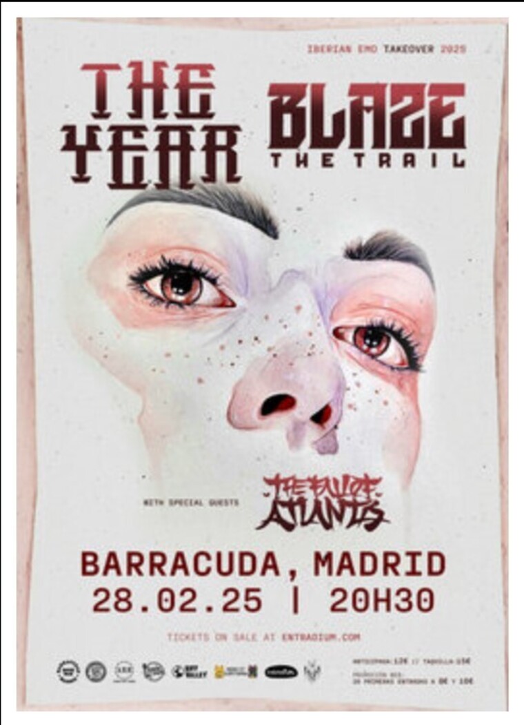 Cartel del concierto de The Year y Blaze The Trail con The Fall Of Atlantis como invitados especiales. El evento se celebrará el 28 de febrero de 2025 en la sala Barracuda, Madrid, con inicio a las 20:30 horas. Entradas disponibles en entradium.com, con precios anticipados a 12€ y en taquilla a 15€.